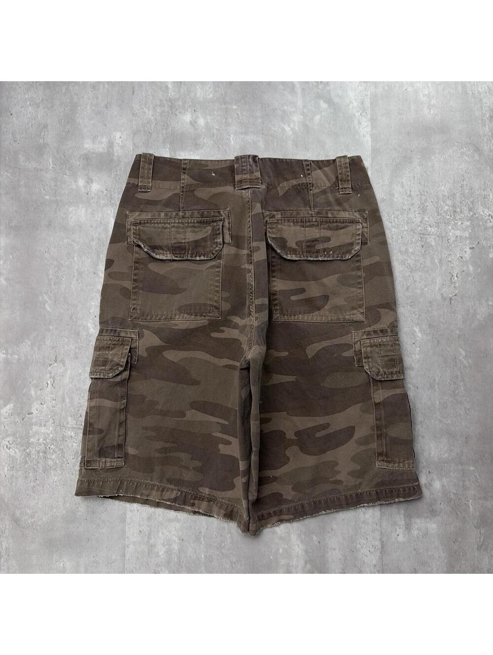 Y2K Camo Route 66 Grunge Distressed Baggy Cargo Shorts